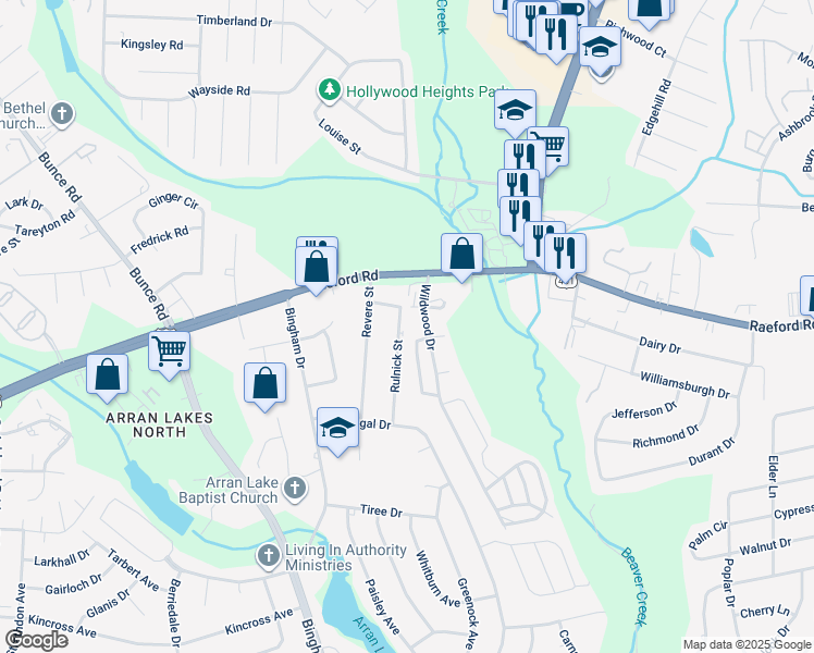 map of restaurants, bars, coffee shops, grocery stores, and more near 1021 Rulnick Street in Fayetteville