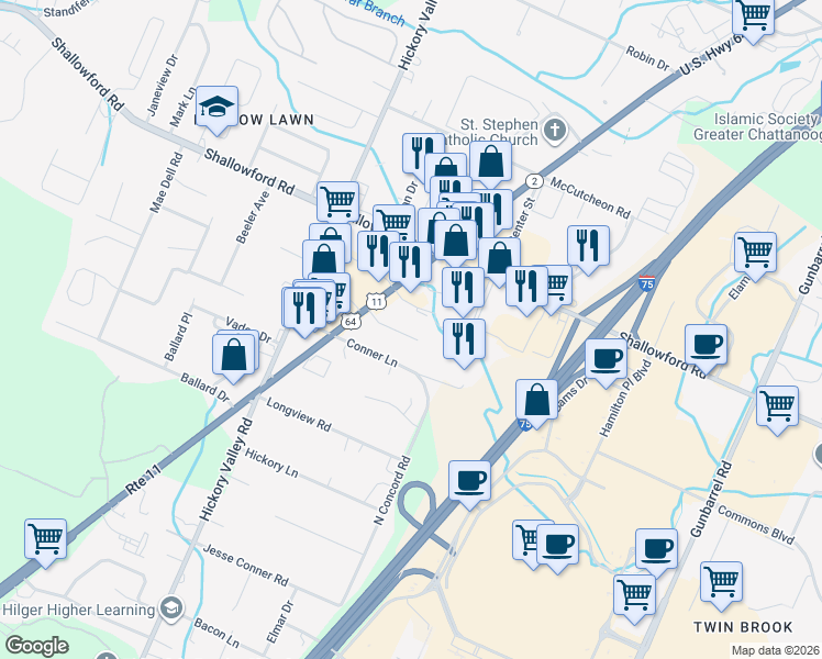 map of restaurants, bars, coffee shops, grocery stores, and more near 6906 Park Drive in Chattanooga