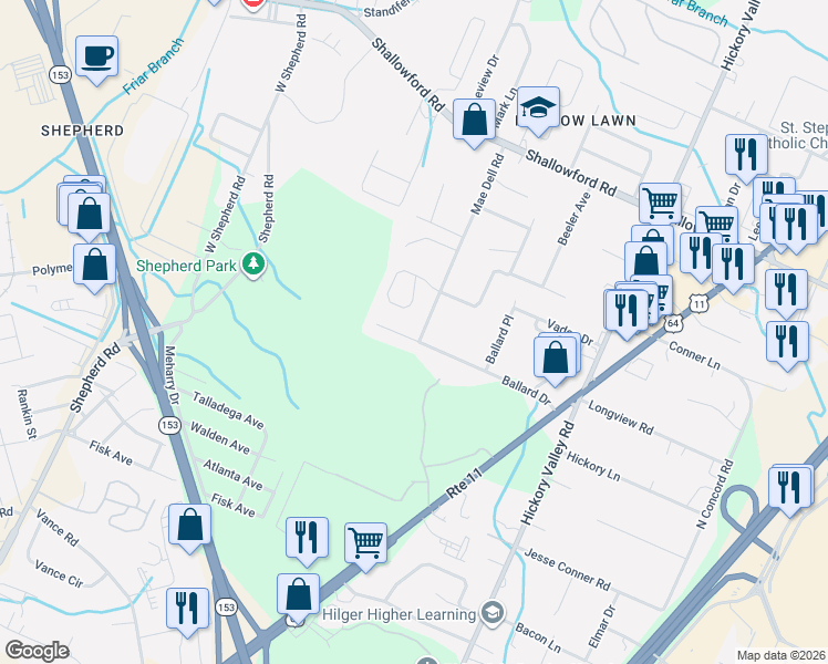 map of restaurants, bars, coffee shops, grocery stores, and more near 6726 Kenton Ridge Circle in Chattanooga
