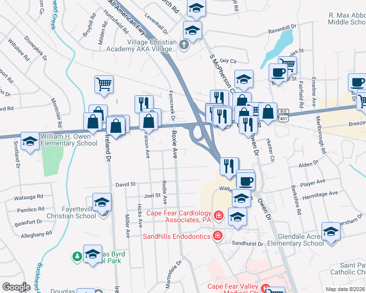 map of restaurants, bars, coffee shops, grocery stores, and more near 3611 Raeford Road in Fayetteville