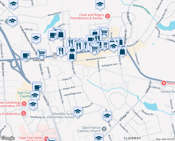 map of restaurants, bars, coffee shops, grocery stores, and more near 2705 Preston Woods Lane in Fayetteville