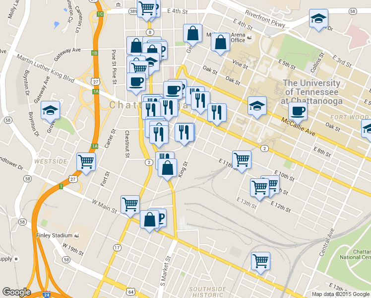 map of restaurants, bars, coffee shops, grocery stores, and more near 231 East 11th Street in Chattanooga