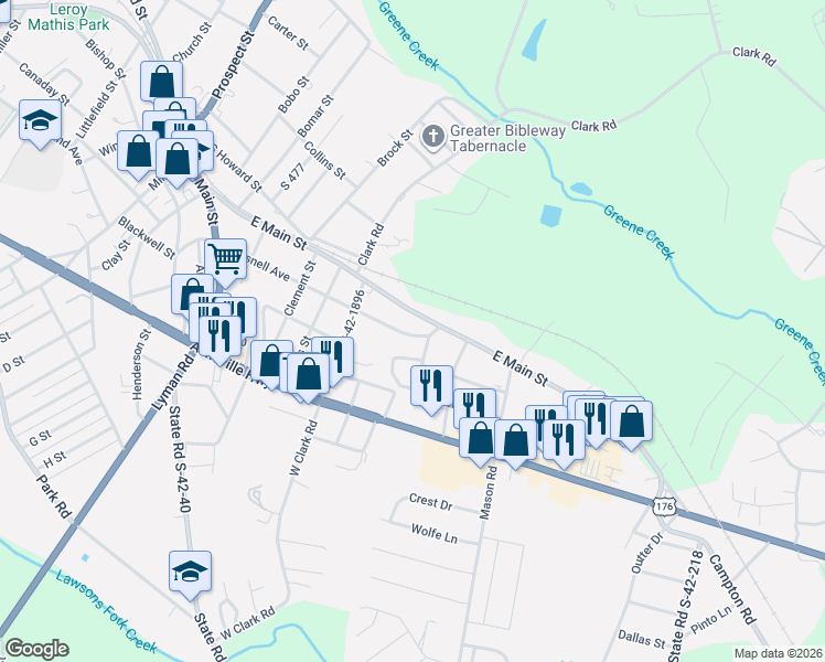 map of restaurants, bars, coffee shops, grocery stores, and more near 70 East Main Street in Inman