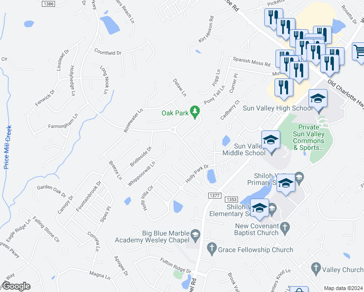 map of restaurants, bars, coffee shops, grocery stores, and more near 5531 Rogers Road in Indian Trail