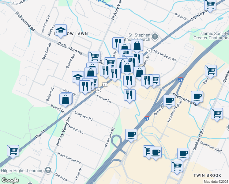 map of restaurants, bars, coffee shops, grocery stores, and more near 6906 Park Drive in Chattanooga