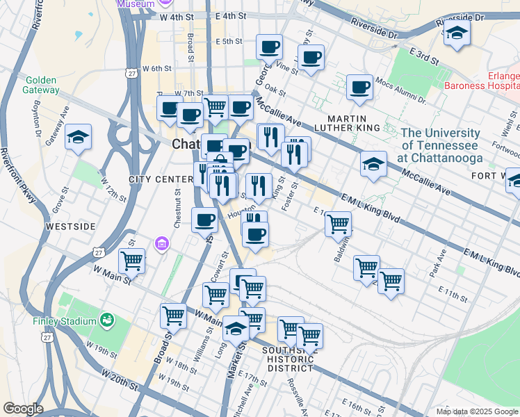 map of restaurants, bars, coffee shops, grocery stores, and more near 231 East 11th Street in Chattanooga