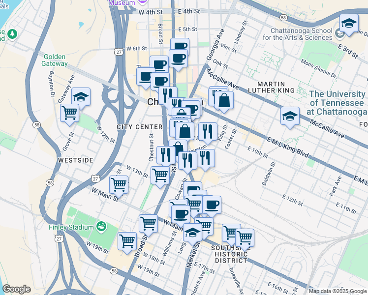 map of restaurants, bars, coffee shops, grocery stores, and more near 1122 Lindsay Street in Chattanooga
