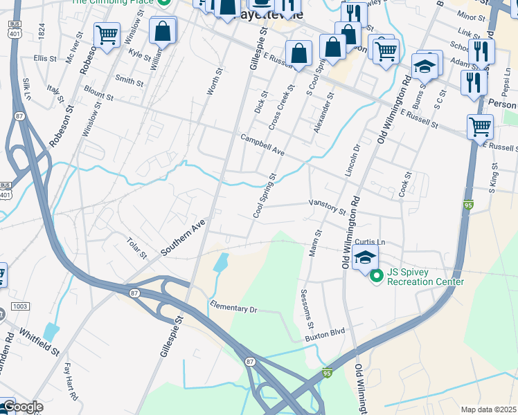 map of restaurants, bars, coffee shops, grocery stores, and more near Cool Spring Street in Fayetteville