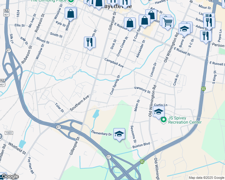 map of restaurants, bars, coffee shops, grocery stores, and more near Cool Spring Street in Fayetteville