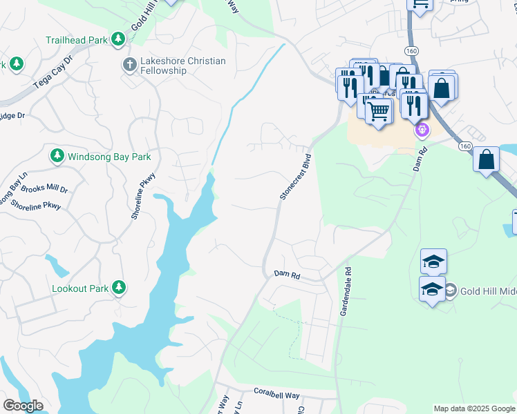 map of restaurants, bars, coffee shops, grocery stores, and more near 522 Placid Court in Tega Cay