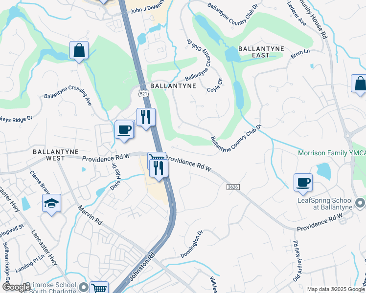 map of restaurants, bars, coffee shops, grocery stores, and more near 11106 Pound Hill Lane in Charlotte