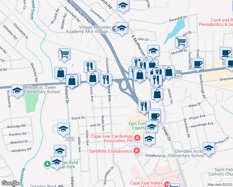 map of restaurants, bars, coffee shops, grocery stores, and more near 3611 Raeford Road in Fayetteville