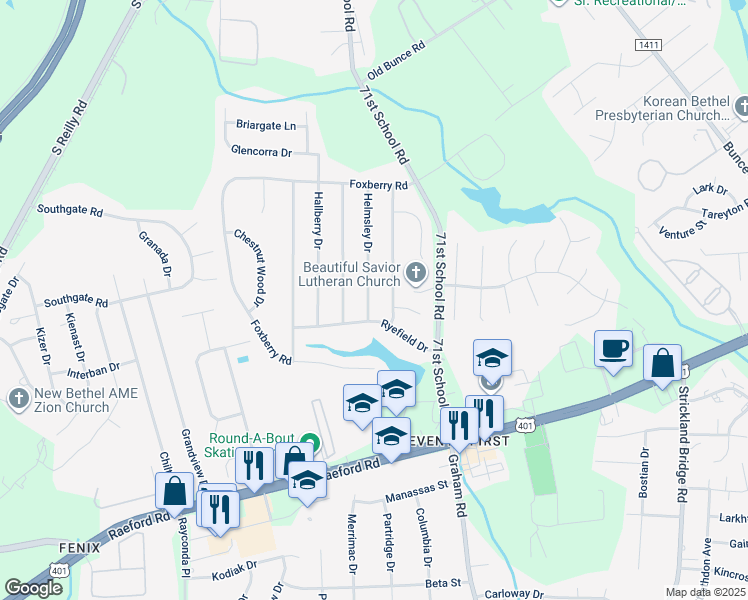 map of restaurants, bars, coffee shops, grocery stores, and more near 1182 Helmsley Drive in Fayetteville