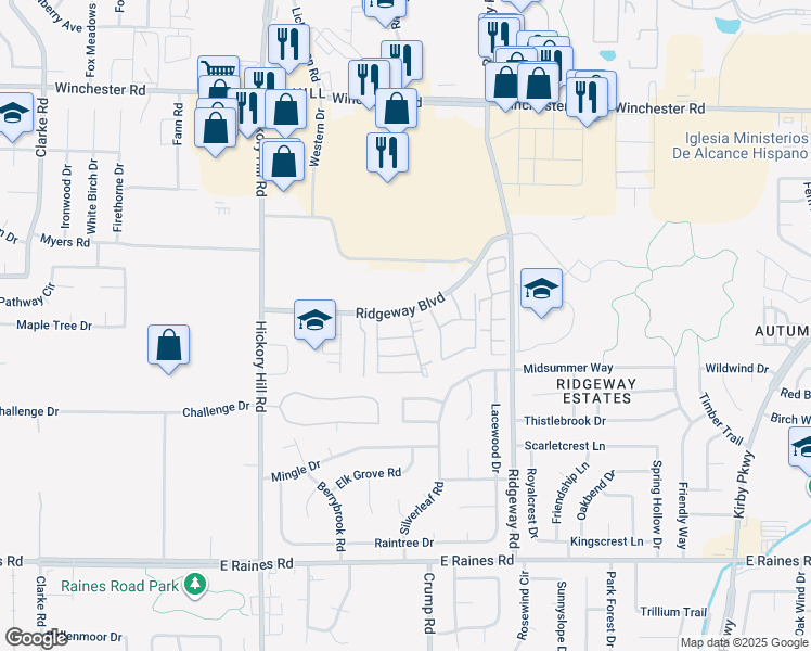 map of restaurants, bars, coffee shops, grocery stores, and more near 6079-6111 Ridgeway Boulevard in Memphis