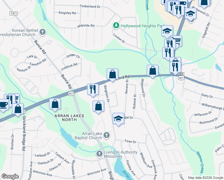 map of restaurants, bars, coffee shops, grocery stores, and more near in Fayetteville