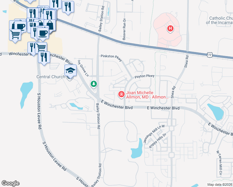map of restaurants, bars, coffee shops, grocery stores, and more near 1813 Yancey Circle North in Collierville