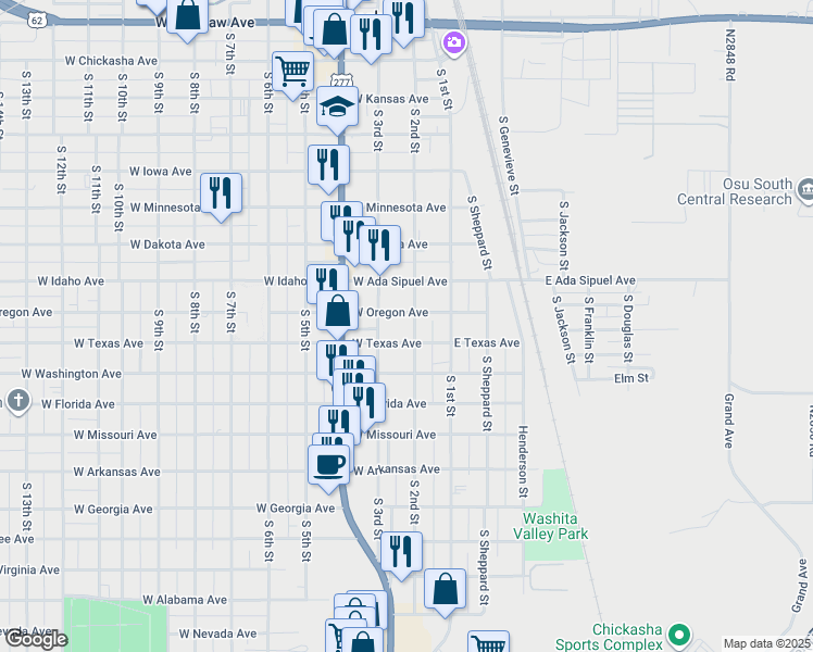 map of restaurants, bars, coffee shops, grocery stores, and more near 227 West Oregon Avenue in Chickasha