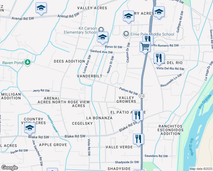 map of restaurants, bars, coffee shops, grocery stores, and more near 1829 Patton Road Southwest in Albuquerque