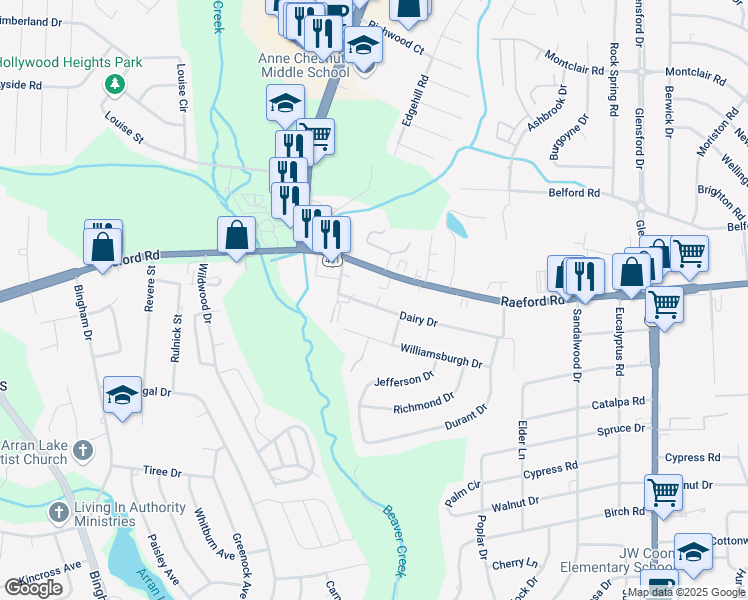 map of restaurants, bars, coffee shops, grocery stores, and more near 5410 Dairy Drive in Fayetteville