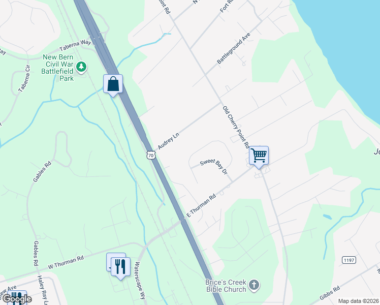 map of restaurants, bars, coffee shops, grocery stores, and more near 152 Oakley Drive in New Bern