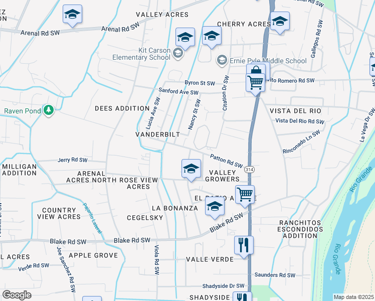 map of restaurants, bars, coffee shops, grocery stores, and more near 1829 Patton Road Southwest in Albuquerque