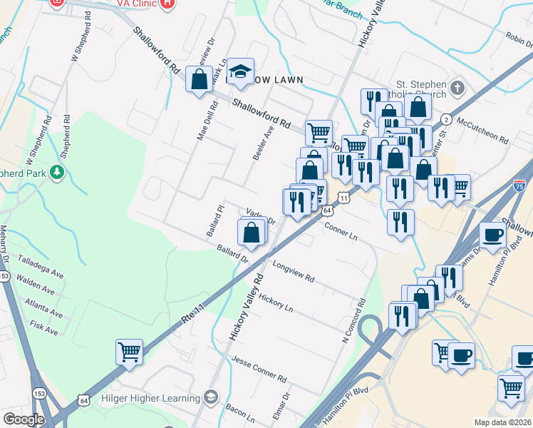 map of restaurants, bars, coffee shops, grocery stores, and more near 6611 Vaden Drive in Chattanooga