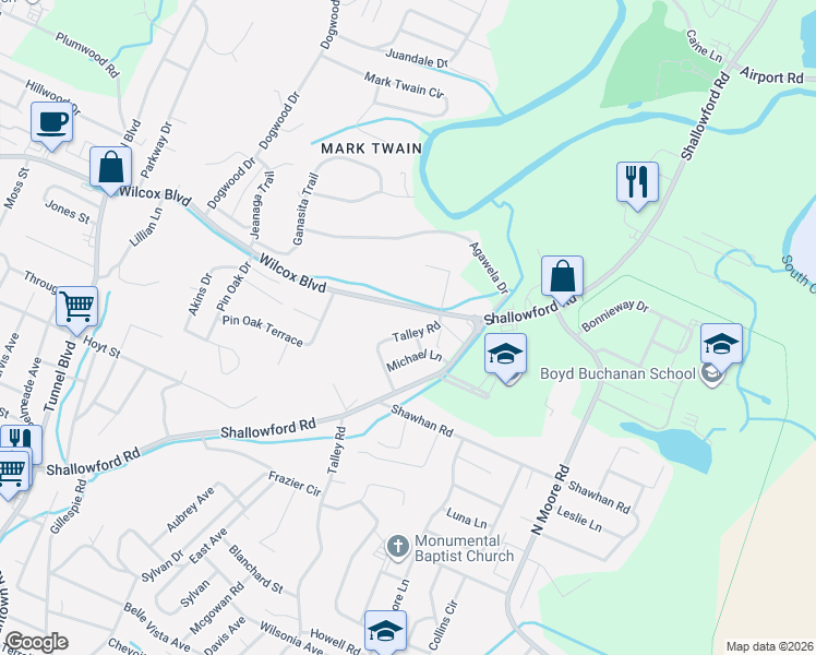 map of restaurants, bars, coffee shops, grocery stores, and more near 3790 Wilcox Boulevard in Chattanooga