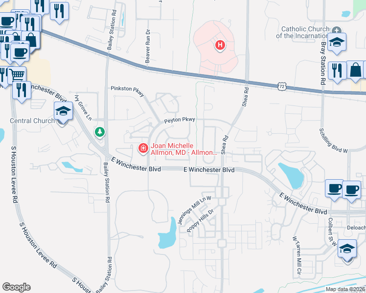 map of restaurants, bars, coffee shops, grocery stores, and more near 1685 Forsythe Trail in Collierville