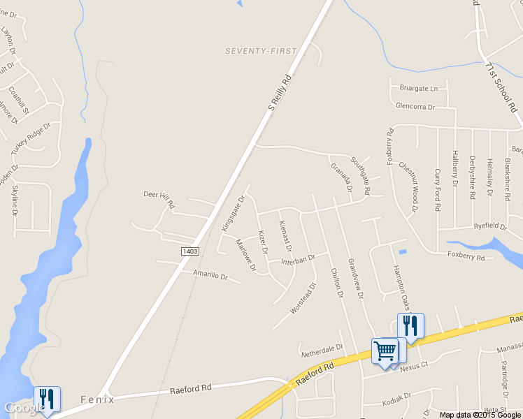 map of restaurants, bars, coffee shops, grocery stores, and more near 6900 Kizer Drive in Fayetteville