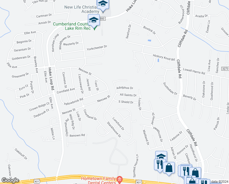 map of restaurants, bars, coffee shops, grocery stores, and more near 1520 Stackhouse Drive in Fayetteville