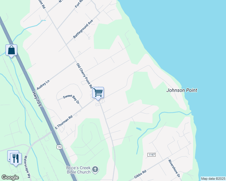 map of restaurants, bars, coffee shops, grocery stores, and more near 310 Johnson Point Road in New Bern