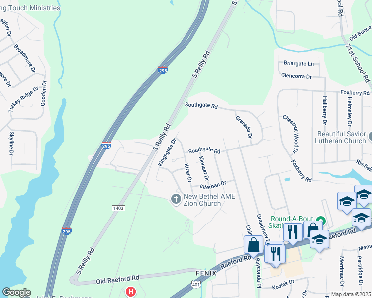 map of restaurants, bars, coffee shops, grocery stores, and more near 6900 Kizer Drive in Fayetteville