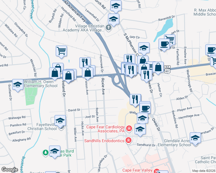 map of restaurants, bars, coffee shops, grocery stores, and more near 3611 Raeford Road in Fayetteville