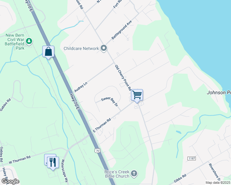 map of restaurants, bars, coffee shops, grocery stores, and more near 111 Oakley Drive in New Bern