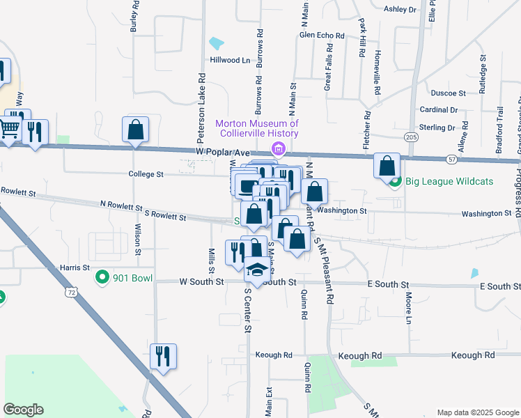 map of restaurants, bars, coffee shops, grocery stores, and more near 130 North Center Street in Collierville