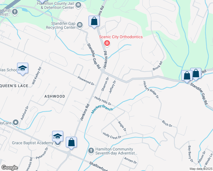 map of restaurants, bars, coffee shops, grocery stores, and more near 2512 Sharron Drive in Chattanooga