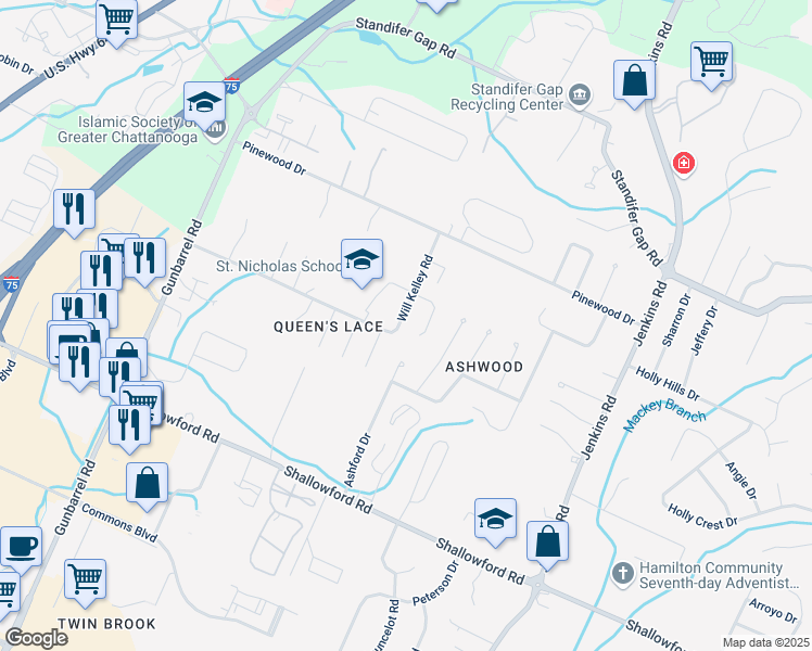 map of restaurants, bars, coffee shops, grocery stores, and more near 2460 Will Kelley Road in Chattanooga