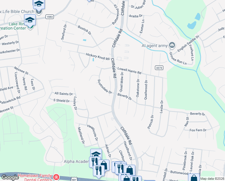 map of restaurants, bars, coffee shops, grocery stores, and more near 1124 Paddington Place in Fayetteville
