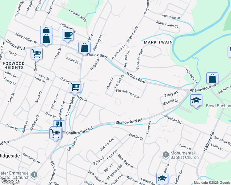 map of restaurants, bars, coffee shops, grocery stores, and more near 3800 Pin Oak Terrace in Chattanooga