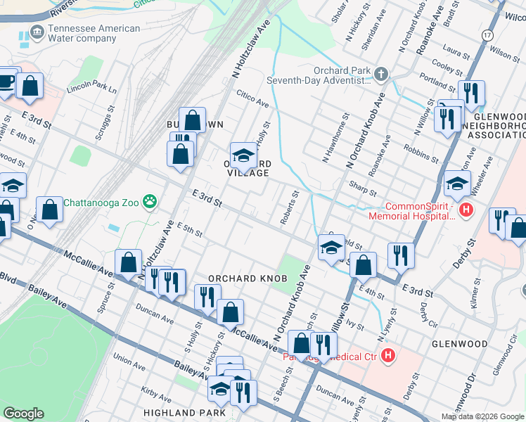 map of restaurants, bars, coffee shops, grocery stores, and more near 1623 Hickory Place in Chattanooga