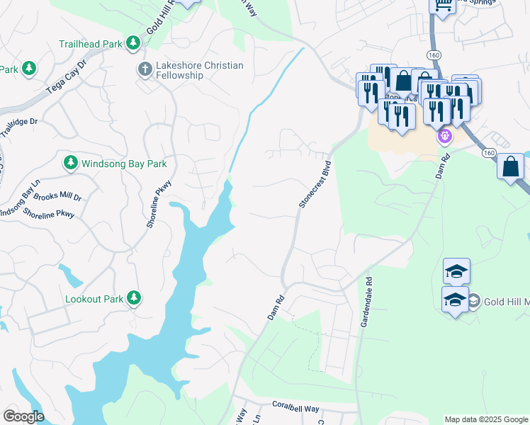 map of restaurants, bars, coffee shops, grocery stores, and more near 522 Placid Court in Tega Cay