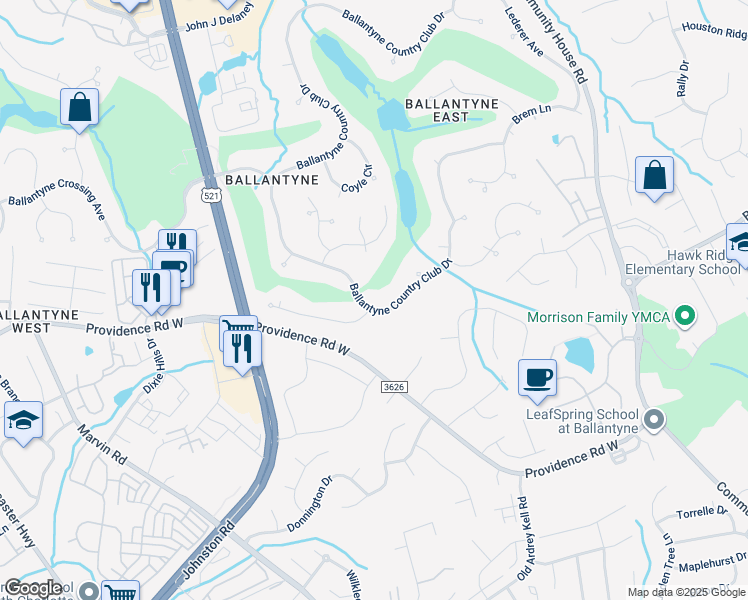 map of restaurants, bars, coffee shops, grocery stores, and more near 15411 Ballantyne Country Club Drive in Charlotte