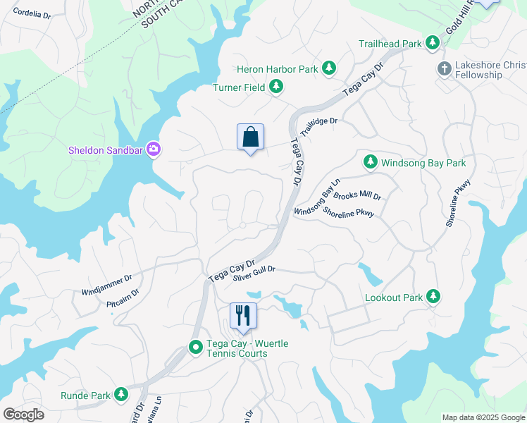 map of restaurants, bars, coffee shops, grocery stores, and more near 923 Knob Creek Lane in Tega Cay