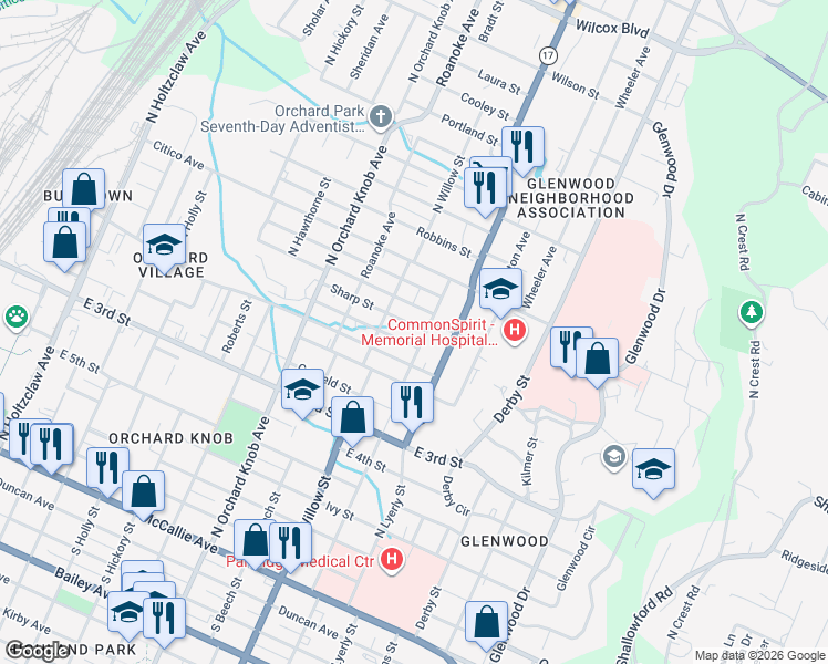 map of restaurants, bars, coffee shops, grocery stores, and more near 700 North Kelly Street in Chattanooga