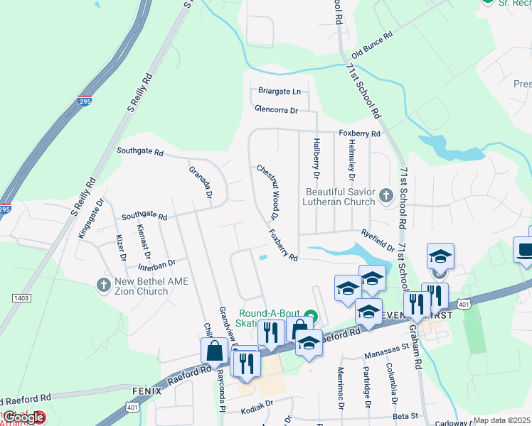 map of restaurants, bars, coffee shops, grocery stores, and more near 1148 Chestnut Wood Drive in Fayetteville
