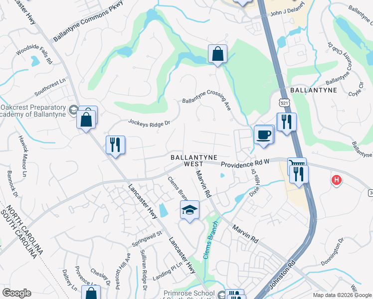 map of restaurants, bars, coffee shops, grocery stores, and more near 11545 Innes Court in Charlotte