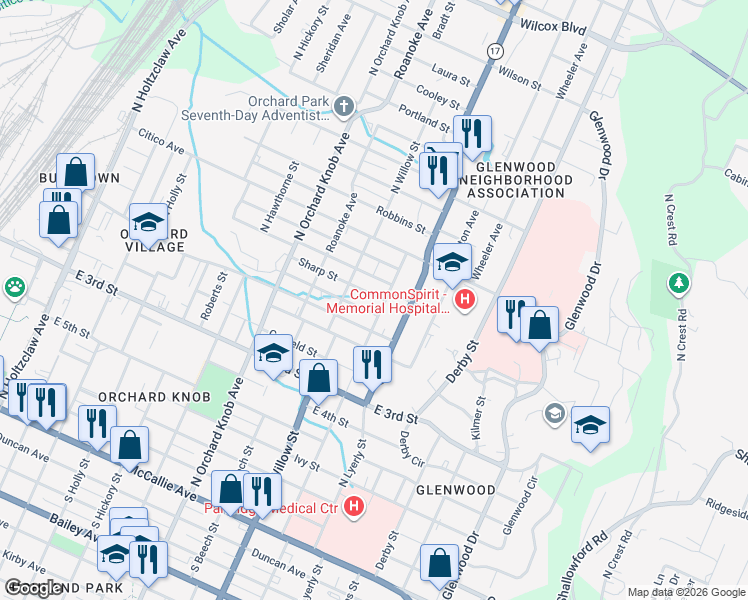 map of restaurants, bars, coffee shops, grocery stores, and more near 700 North Kelly Street in Chattanooga