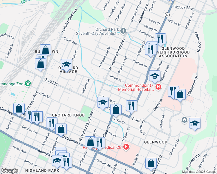 map of restaurants, bars, coffee shops, grocery stores, and more near 1905 Cleveland Avenue in Chattanooga