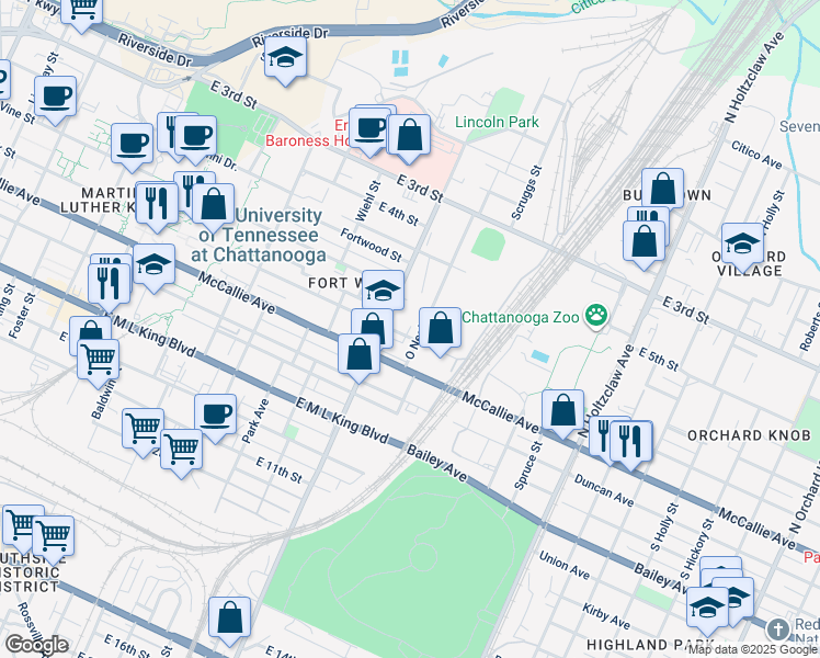map of restaurants, bars, coffee shops, grocery stores, and more near 1003 Oak Street in Chattanooga