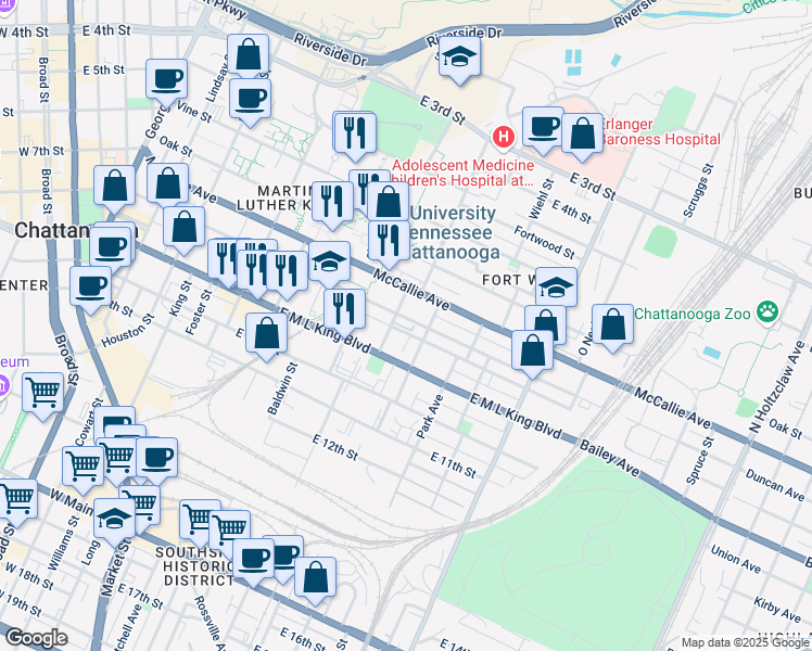 map of restaurants, bars, coffee shops, grocery stores, and more near 800 McCallie Avenue in Chattanooga